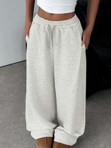 SHEIN Teen Girl Knit Light Gray Loose Casual Drawstring Pocket Wide Leg Sweatpants - Light Grey - View 3