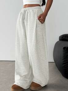 SHEIN Teen Girl Knit Light Gray Loose Casual Drawstring Pocket Wide Leg Sweatpants - Light Grey - View 4