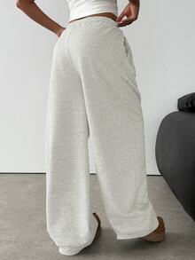 SHEIN Teen Girl Knit Light Gray Loose Casual Drawstring Pocket Wide Leg Sweatpants - Light Grey - View 2