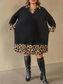 SHEIN CURVE+ 大尺碼拼接格紋印花 2 合 1 長袖針織洋裝 冬季秋季早午餐派對生日黑色休閒性感女裝 - 彩色 - 查看 3