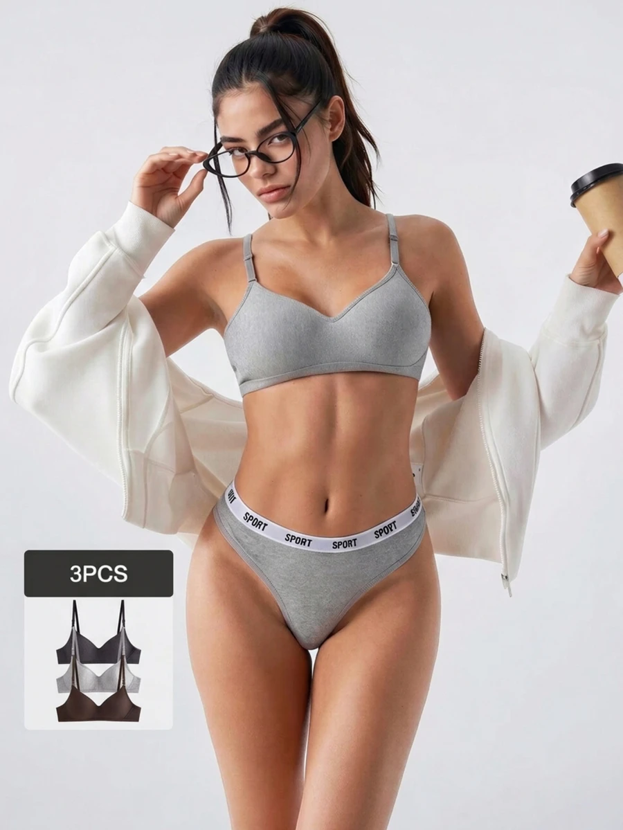 Loungeista 3pcs/Pack Women's Comfortable Sleep Bra, Multi-Color, Wireless, Soft Cup, Small Chest, Solid Color, Cotton Material - Multicolor - View 1