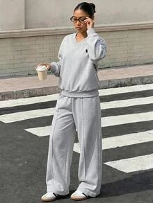 SHEIN 青少年女孩印花時尚極簡休閒街頭風日常度假正式秋季長袖開衩套裝灰色冬季 - 彩色 - 查看 6