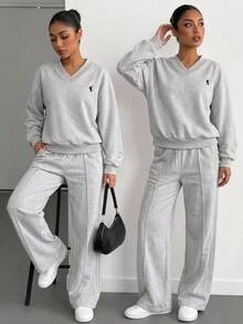 SHEIN 青少年女孩印花時尚極簡休閒街頭風日常度假正式秋季長袖開衩套裝灰色冬季 - 彩色 - 查看 10