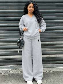 SHEIN 青少年女孩印花時尚極簡休閒街頭風日常度假正式秋季長袖開衩套裝灰色冬季 - 彩色 - 查看 4