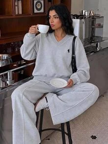 SHEIN 青少年女孩印花時尚極簡休閒街頭風日常度假正式秋季長袖開衩套裝灰色冬季 - 彩色 - 查看 7