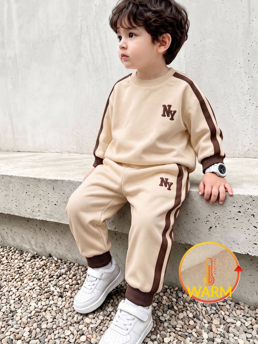 SHEIN Baby Boy Letter Pattern Colorblock Long Sleeve Sweatshirt And Pants Casual Cowboy Smart Set Birthday Family - Beige - View 1