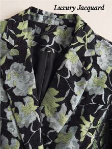 RosyDaze Autumn Jacquard Green Lapel Metal Hand-Sewn Button Long Sleeve Fashion Blazer - Green - View 4