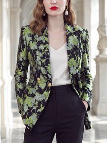 RosyDaze Autumn Jacquard Green Lapel Metal Hand-Sewn Button Long Sleeve Fashion Blazer - Green - View 9