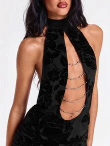 ROMWE Y2K Autumn/Winter Sexy Party Midnight Luxury Deep V Hollow Metal Rhinestone Chain Decor Flocked Pattern Front Long Back Short Halter Neck Women's Mini Dress - Black - View 2
