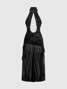 ROMWE Y2K Autumn/Winter Sexy Party Midnight Luxury Deep V Hollow Metal Rhinestone Chain Decor Flocked Pattern Front Long Back Short Halter Neck Women's Mini Dress - Black - View 8