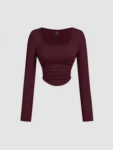 SHEIN MOD 3件組女款百褶休閒性感方領長袖T恤上衣套裝，保暖衣物，適合秋季日常外出與夜晚聚會，黑色、深棕色、米色 - 彩色 - 查看 6