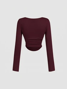 SHEIN MOD 3件組女款百褶休閒性感方領長袖T恤上衣套裝，保暖衣物，適合秋季日常外出與夜晚聚會，黑色、深棕色、米色 - 彩色 - 查看 7