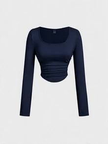 SHEIN MOD 3件組女款百褶休閒性感方領長袖T恤上衣套裝，保暖衣物，適合秋季日常外出與夜晚聚會，黑色、深棕色、米色 - 彩色 - 查看 8