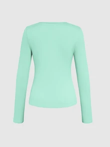 INAWLY Casual Solid Color V-Neck Long Sleeve T-Shirt, Autumn Fall Cloth For Women - Lime Green - View 2