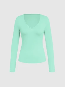 INAWLY Casual Solid Color V-Neck Long Sleeve T-Shirt, Autumn Fall Cloth For Women - Lime Green - View 4