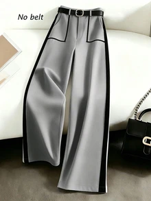 Elenzga Plus Size Women's High Waist Wide Leg Pants With Contrast Black Trim And Line Detail, Grey Base Color, Minimalist Versatile Style For Work, Commute And Casual Wear - Grey - View 4