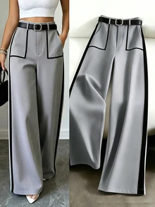 Elenzga Plus Size Women's High Waist Wide Leg Pants With Contrast Black Trim And Line Detail, Grey Base Color, Minimalist Versatile Style For Work, Commute And Casual Wear - Grey - View 3