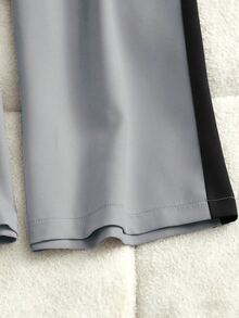 Elenzga Plus Size Women's High Waist Wide Leg Pants With Contrast Black Trim And Line Detail, Grey Base Color, Minimalist Versatile Style For Work, Commute And Casual Wear - Grey - View 7