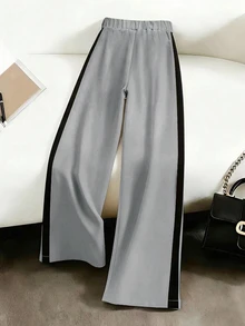 Elenzga Plus Size Women's High Waist Wide Leg Pants With Contrast Black Trim And Line Detail, Grey Base Color, Minimalist Versatile Style For Work, Commute And Casual Wear - Grey - View 2