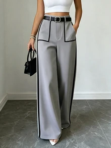Elenzga Plus Size Women's High Waist Wide Leg Pants With Contrast Black Trim And Line Detail, Grey Base Color, Minimalist Versatile Style For Work, Commute And Casual Wear - Grey - View 1