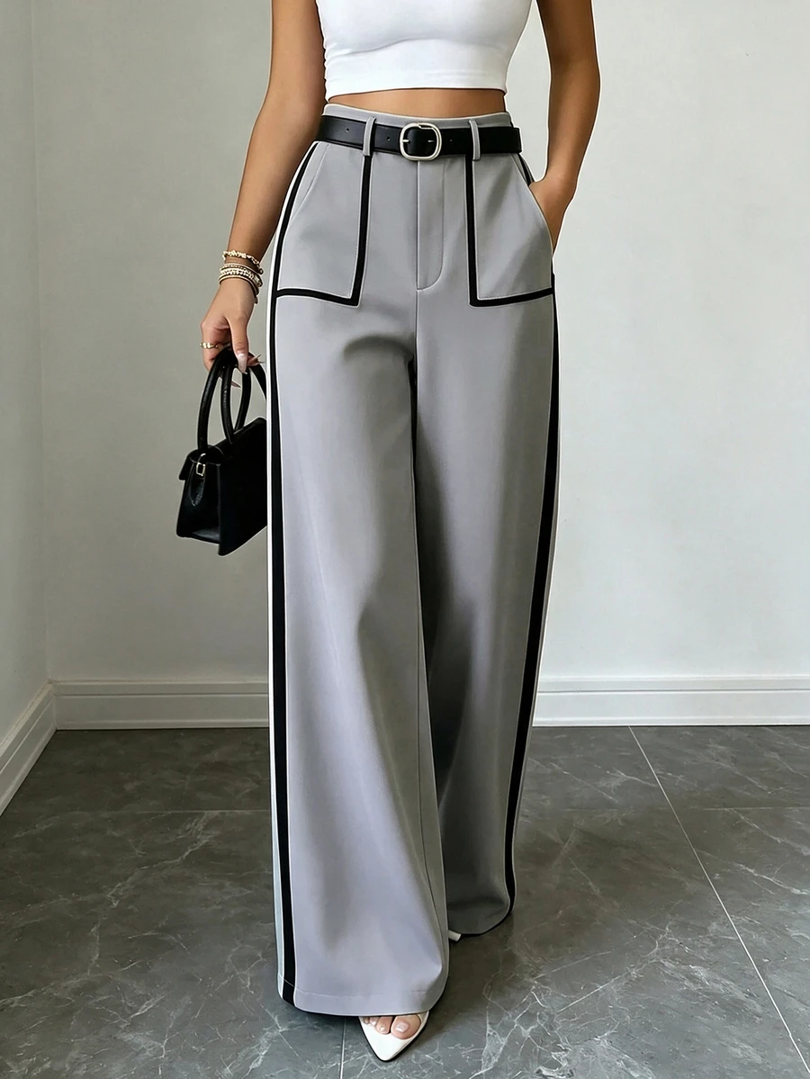 Elenzga Plus Size Women's High Waist Wide Leg Pants With Contrast Black Trim And Line Detail, Grey Base Color, Minimalist Versatile Style For Work, Commute And Casual Wear - Grey - View 1