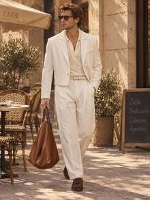 Manfinity RebelGame Bộ 2 món nam thời trang dệt kiểu dáng trẻ trung thoải mái gồm áo blazer tay dài dáng rộng và quần ống đứng lưng thun - Màu be - Xem 1