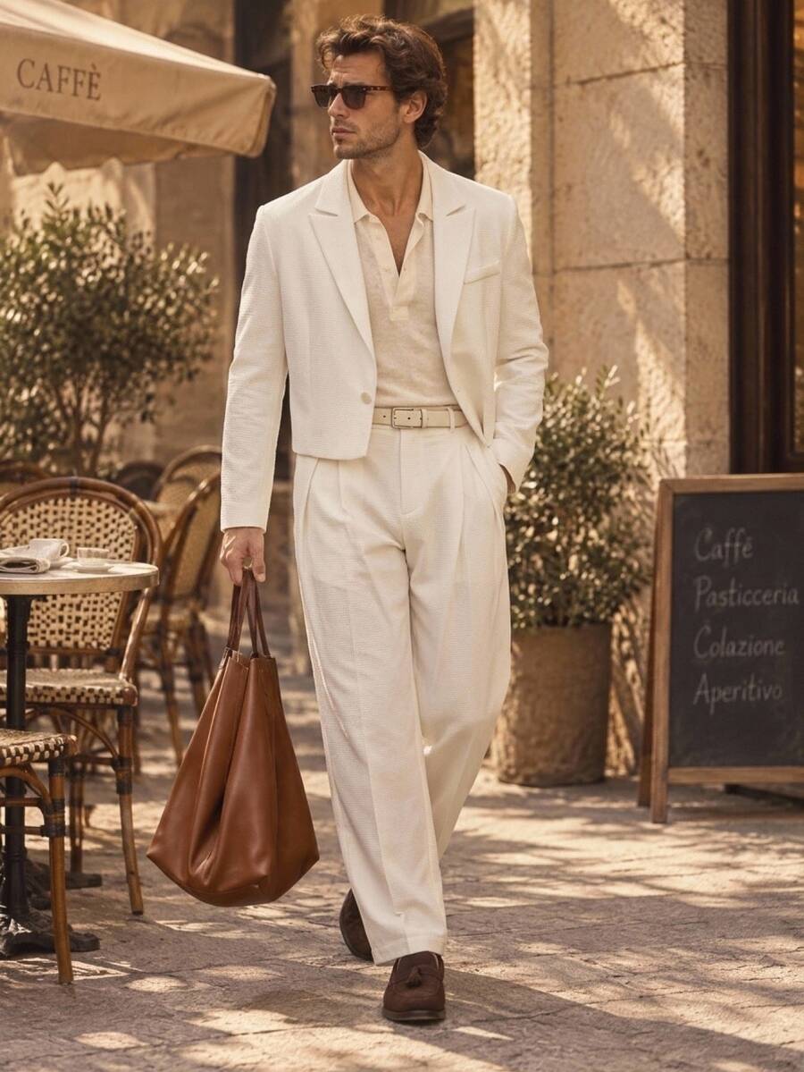 Manfinity RebelGame Bộ 2 món nam thời trang dệt kiểu dáng trẻ trung thoải mái gồm áo blazer tay dài dáng rộng và quần ống đứng lưng thun - Màu be - Xem 1