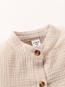 SHEIN Mirajuku Young Boy Textured Fabric Small Stand Collar Long Sleeve Shirt Chic Autumn/Winter School Birthday Ring Bearer Pink - Khaki - View 7