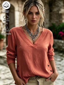 Weeklong Plus Size Cotton V Neck Long Sleeve Blouse With Side Button Decor Casual Shirt Fall - Orange - View 5