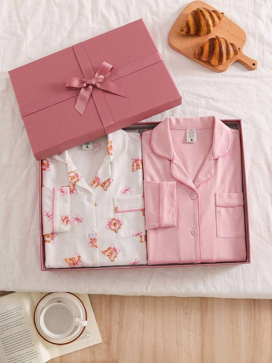 Girls' Fashionable Cute Croissant Bow Print Pattern Long Sleeve Long Pants Open Front Lapel Flame Retardant Milk Silk Fabric Loungewear Set - White - View 1