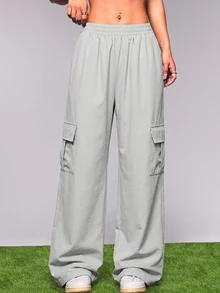 SHEIN Cheerettes Women's Light Grey Casual Pocket Cargo Sports Pants Athletic Workout Jogging For Fall Winter - Grey - View 3
