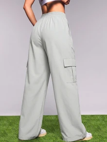 SHEIN Cheerettes Women's Light Grey Casual Pocket Cargo Sports Pants Athletic Workout Jogging For Fall Winter - Grey - View 4