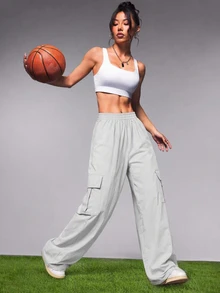 SHEIN Cheerettes Women's Light Grey Casual Pocket Cargo Sports Pants Athletic Workout Jogging For Fall Winter - Grey - View 5