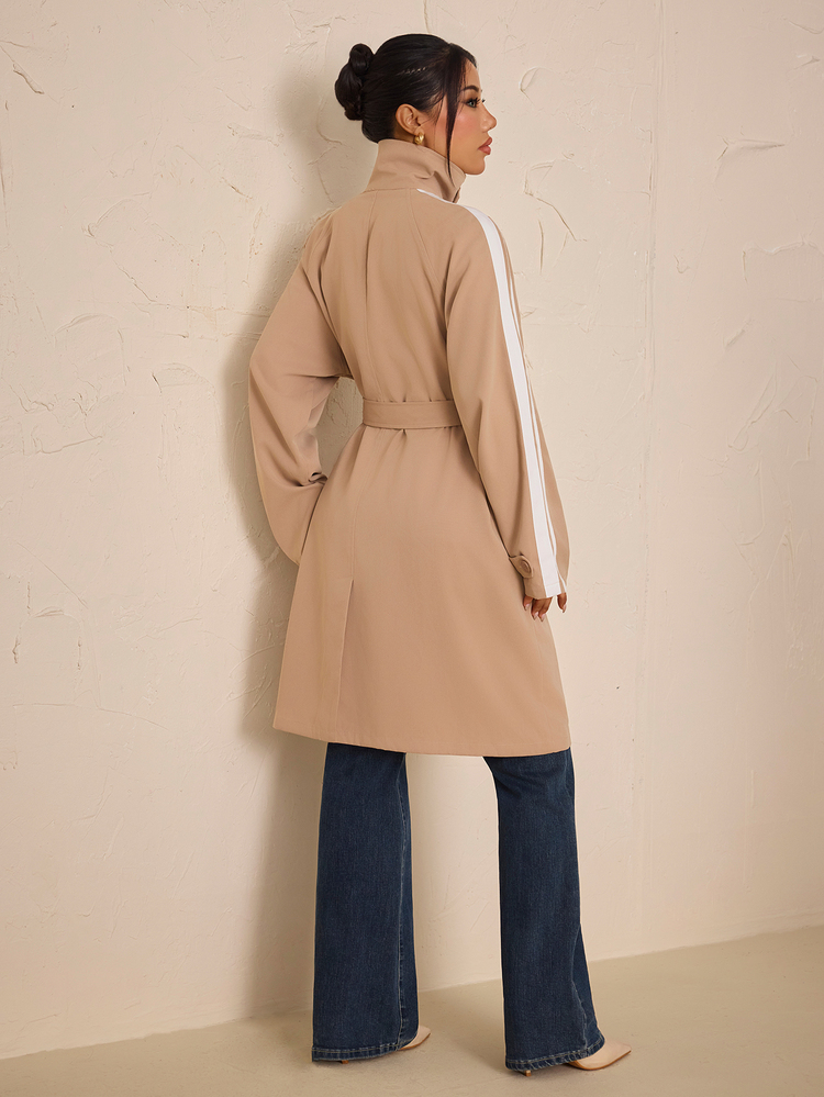 SHEIN PETITE Women's Colorblock Waist Tie Casual Versatile Trench Coat Jacket - Khaki - View 2