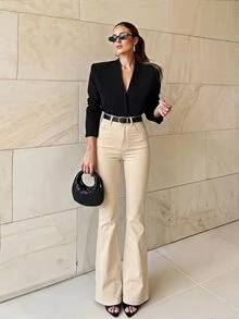 Selenza Plus Size Women High Waist Pockets Casual Flare Leg Jeans - Beige - View 1