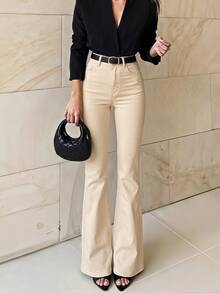 Selenza Plus Size Women High Waist Pockets Casual Flare Leg Jeans - Beige - View 2