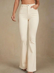 Selenza Plus Size Women High Waist Pockets Casual Flare Leg Jeans - Beige - View 7