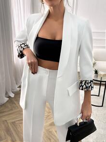 SHEIN طقم نسائي مقاس طويل من قطعتين أنيق بليزر وبنطلون طويل مع بطانة داخلية بنقشة نمر وتفاصيل للمكتب والعشاء باللون الأبيض - أبيض - مشاهدة 3
