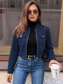 Struktiv Women's Autumn/Winter Large Pocket Metal Button Short Military Green Jacket Fall Cloth For Women - Navy Blue - View 1