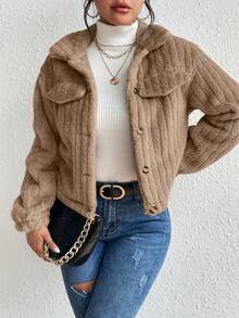 Struktiv Flap Detail Flannel Jacket Fall Winter Cloth For Women - Brown - View 3