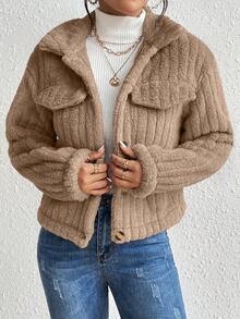 Struktiv Flap Detail Flannel Jacket Fall Winter Cloth For Women - Brown - View 4