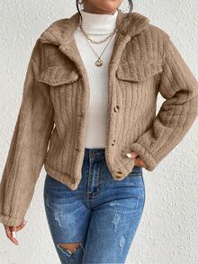 Struktiv Flap Detail Flannel Jacket Fall Winter Cloth For Women - Brown - View 6