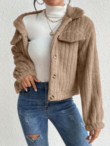 Struktiv Flap Detail Flannel Jacket Fall Winter Cloth For Women - Brown - View 5