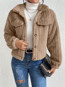 Struktiv Flap Detail Flannel Jacket Fall Winter Cloth For Women - Brown - View 7