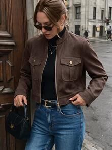 Struktiv Women's Autumn/Winter Large Pocket Metal Button Short Military Green Jacket - Brown - View 1