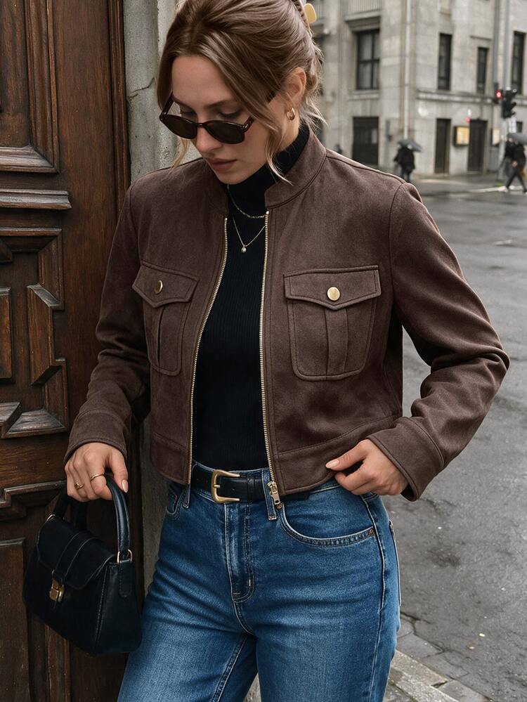 Struktiv Women's Autumn/Winter Large Pocket Metal Button Short Military Green Jacket - Brown - View 1