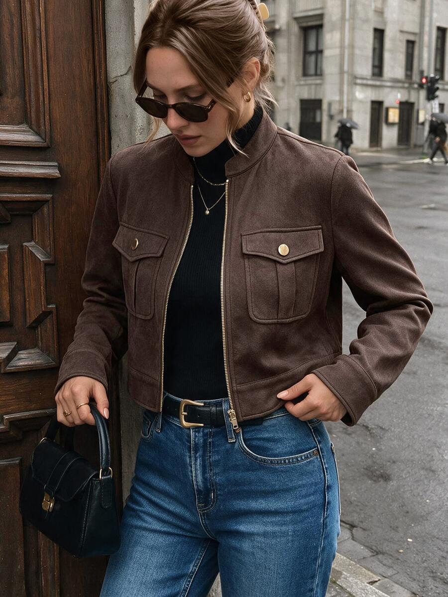 Struktiv Women's Autumn/Winter Large Pocket Metal Button Short Military Green Jacket - Brown - View 1