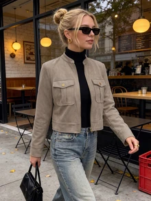 Struktiv Women's Warm Thick Metal Button Decorated Cargo Green Short Jacket, Suitable For Autumn/Winter Fall Cloth For Women - Apricot - View 3