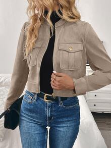 Struktiv Women's Warm Thick Metal Button Decorated Cargo Green Short Jacket, Suitable For Autumn/Winter Fall Cloth For Women - Apricot - View 4