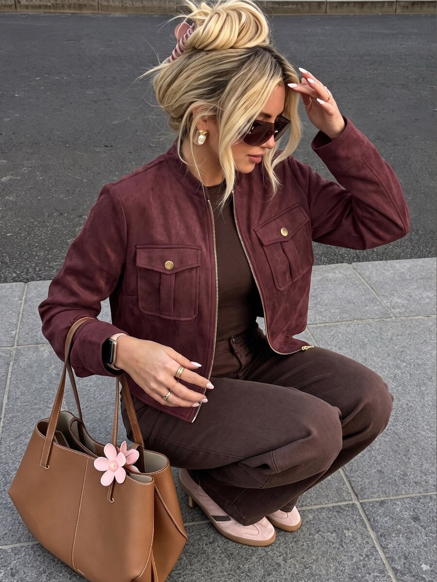 Struktiv Women's Autumn/Winter Short Military Green Jacket With Large Pockets And Metal Buttons - Rust Brown - View 1